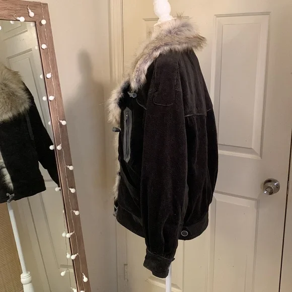 Free People Black Bomber Jacket with Faux Fur Collar - Picture 7 of 16